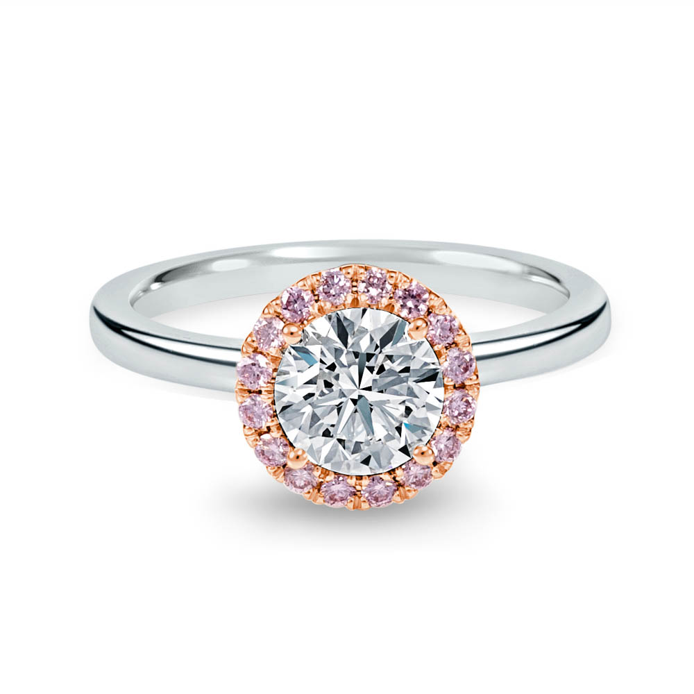 jewellery photography of high-carat center diamond halo ring with argyle pink diamonds