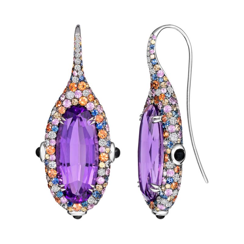 jewellery photography of earrings featuring amethyst, micro pave set diamond and multi-coloured sapphires with black onyx set evenly around the earrings in 18ct white gold