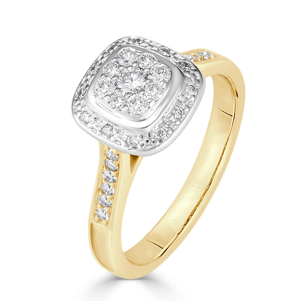 jewellery photography of white and yellow gold diamond engagement ring with single row of diamonds on band